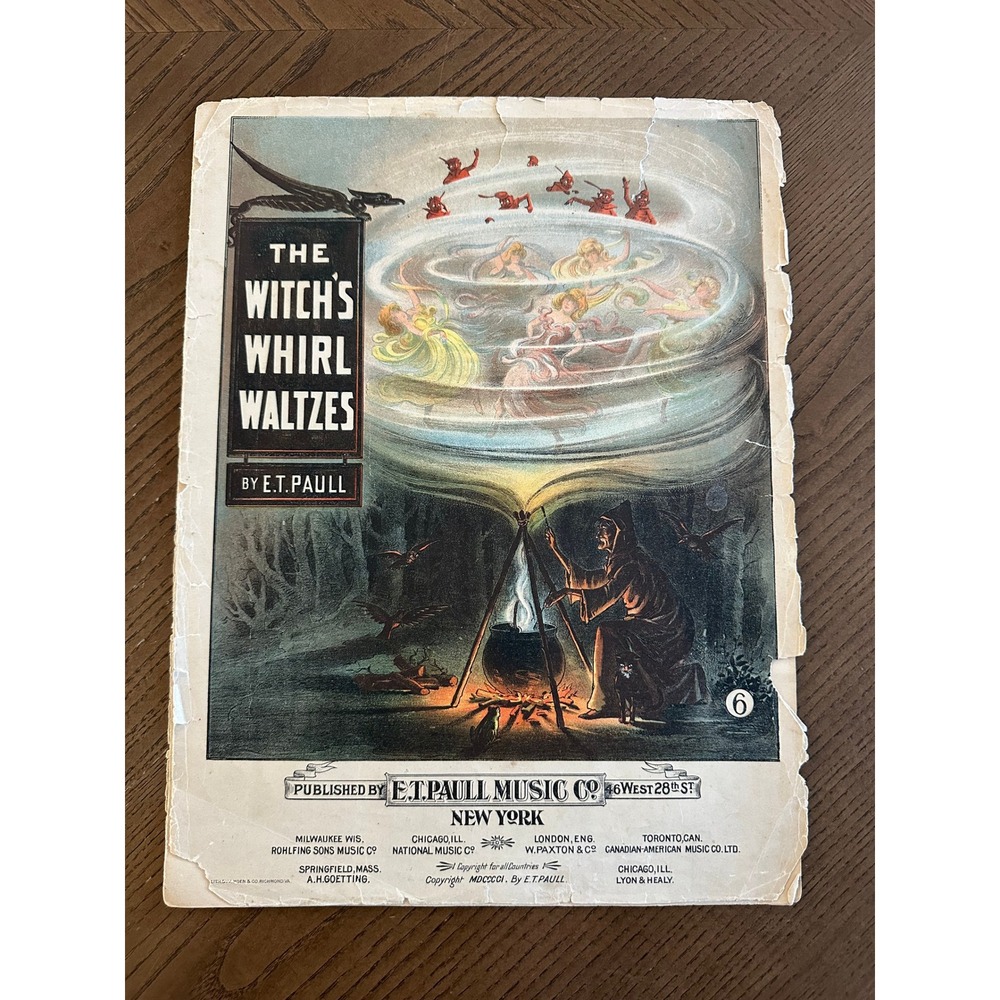 1901 The Witch's Whirl Waltzes E.T. Paull Antique Sheet Music Occult Litho Art
